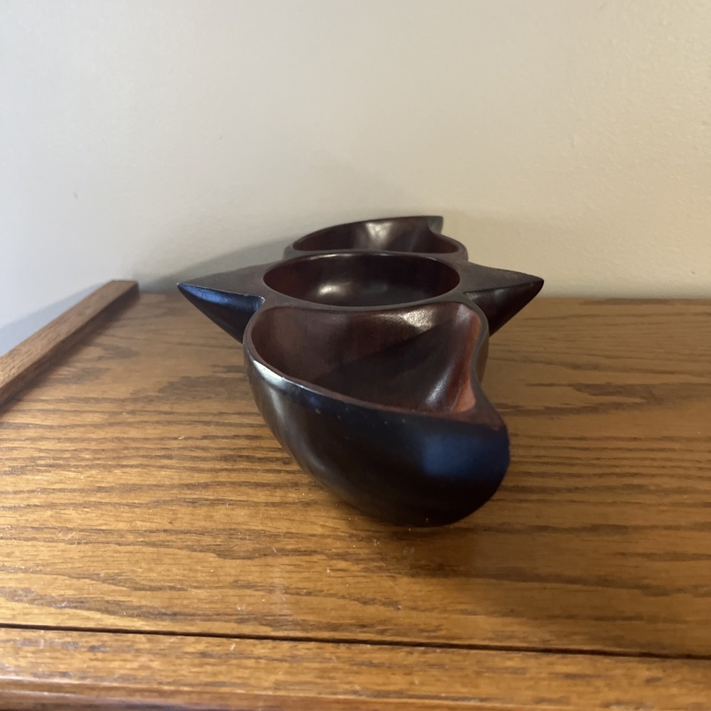 Vintage Solid Wood Bowl Divided Nut Dish Coin Tray Geometric MCM Rare Shape - Picture 9 of 13